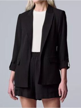 Simply Vera Vera Wang Black Roll Tab Sleeve Relaxed Blazer, Medium, Open Front